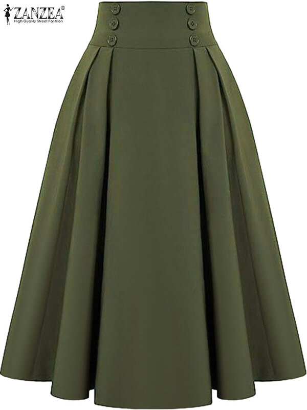 Zanzea 2024 Sommer knöpfe hoch taillierte Falten röcke Frauen Mode Maxi Faldas Vintage lange Röcke solide A-Linie Swing Jupes