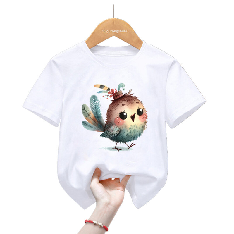 귀여운 수채화 새 프린트 티셔츠 여아 및 남아용, 하라주쿠 카와이 아동복, 여름 상의 패션 티셔츠, 스트리트웨어, 2024 핫 세일