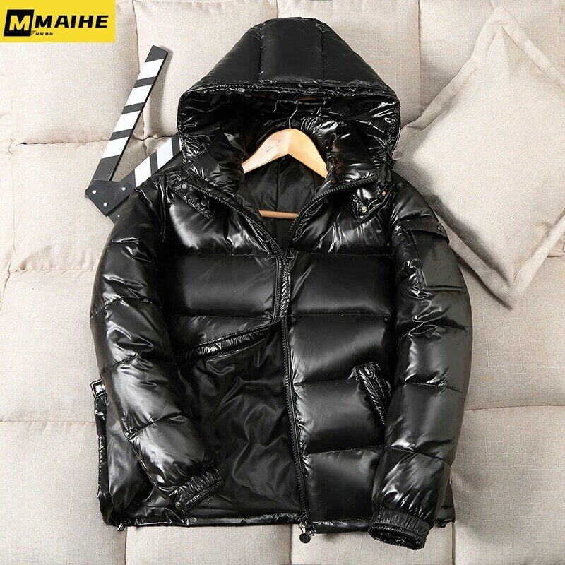 Płaszcz zimowy dla mężczyzn bufiaste kurtki ocieplane ubrania bąbelkowy jednolity z odpinanym kapturem ciepła, czarna wodoodporne kurtki puchowe kurtki