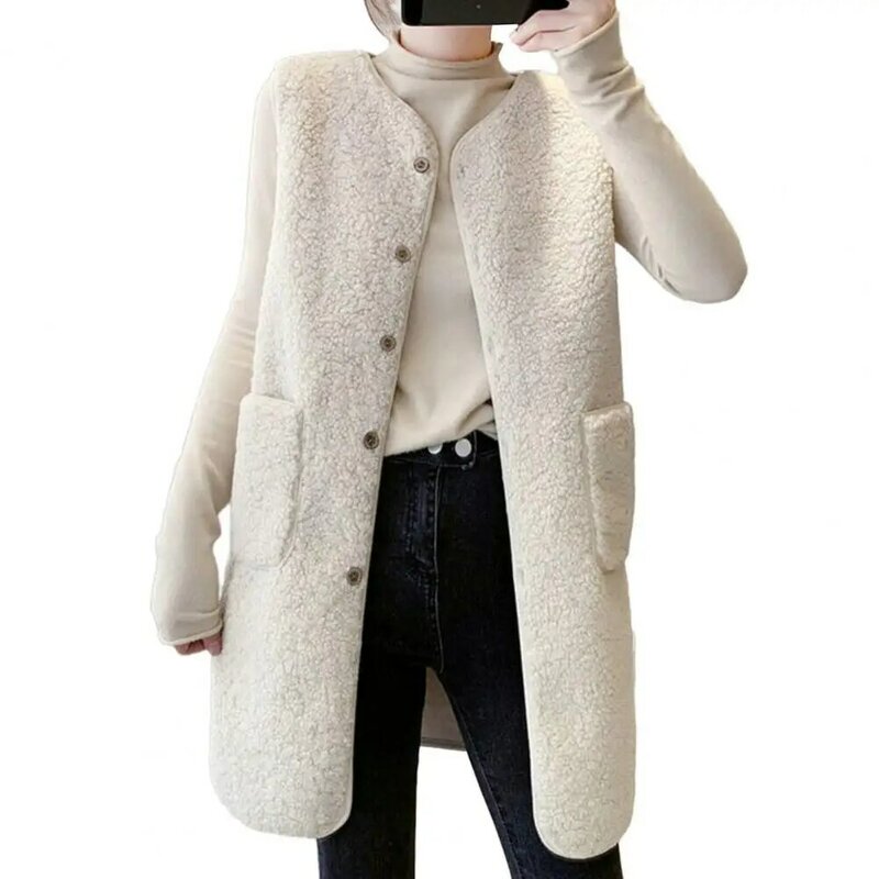 우아한 여성 조끼, 세련된 캐주얼 민소매 코트 조끼, V넥 단추 포켓 레이디 재킷, 겨울 조끼