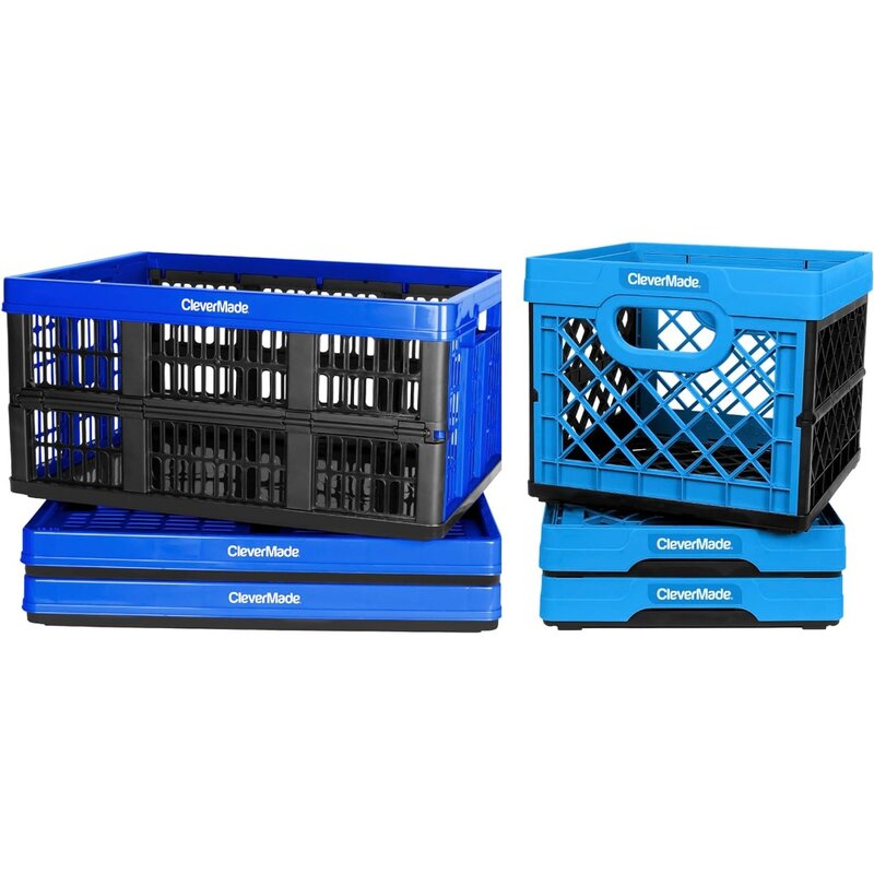 Contenedores de almacenamiento plegables, contenedores de plástico apilables de 25L, 3 paquetes con contenedores de utilidad apilables de plástico de 45l, 3 paquetes, azul