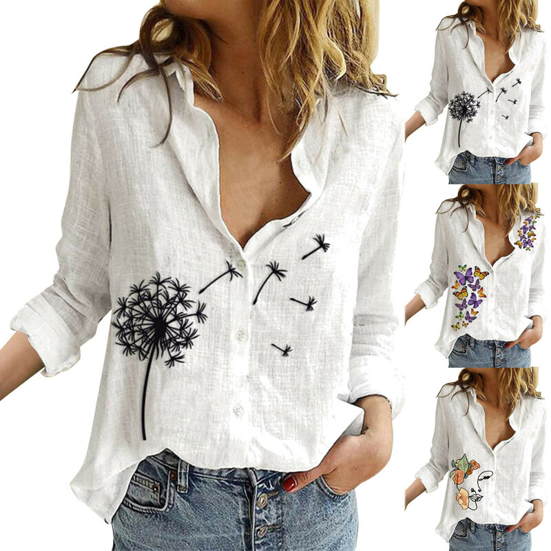 Camisa de lino y algodón para mujer, blusa holgada de manga larga con solapa y botones, estampado de mariposa, estilo informal, elegante, para verano