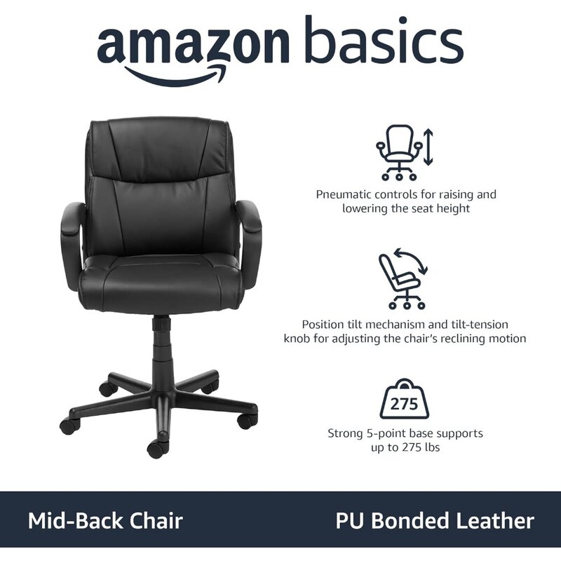 Basics Padded Office Desk Chair with Armrests, Adjustable Height/Tilt, 360-Degree Swivel, 275 Pound Capacity