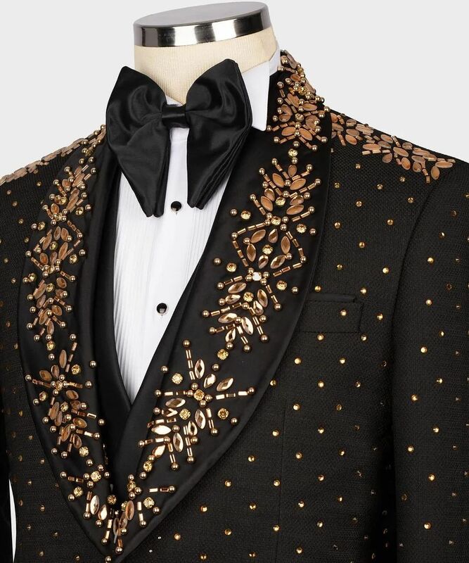 Black Men Suits Set 2 Piece Blazer+Pants Luxury Crystals Custom Made Jacket Formal Office Party Groom Wedding Tuxedo Prom Coat