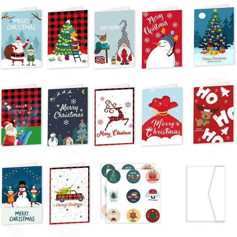 12 buah kartu ucapan selamat Natal dengan amplop stiker kartu liburan kartu Tahun Baru Santa Claus kartu Natal