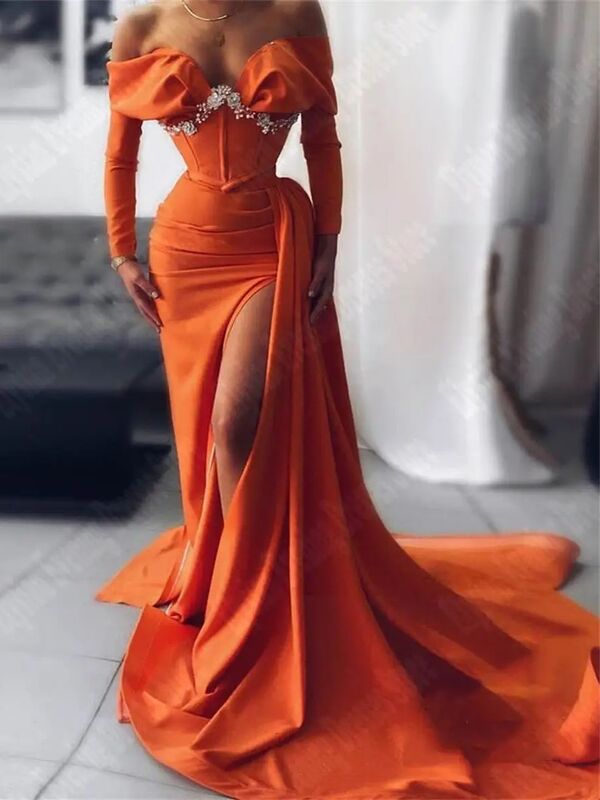 Minimalist Off Shoulder Evening Dresses Wrap Buttocks Party Prom Gown Newest Smooth Satin Surface Long Sleeves Vestidos De Noche