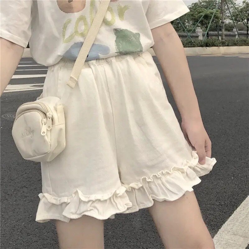 Shorts Vrouwen Preppy Stijl Design Ruches Elastische Taille Losse Japanse Mode All-Match Eenvoudige Causale Mooie Meisjes Lente Chic