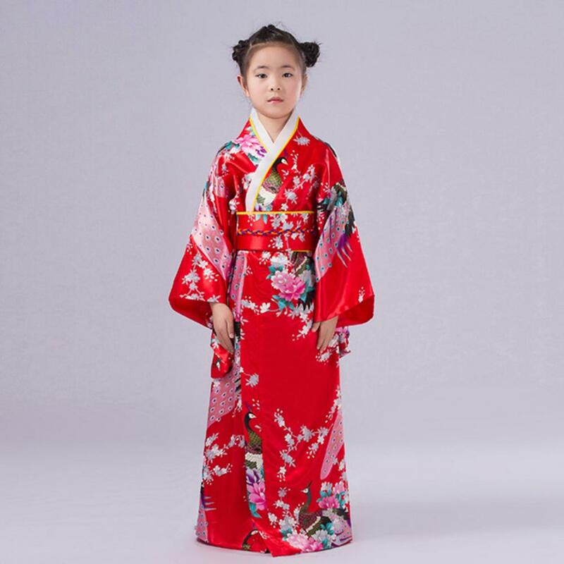 Kimono tradicional para niñas, pijama con estampado Floral de pavo real, bata de baño fácil de usar, batas de satén sedoso, ropa de dormir