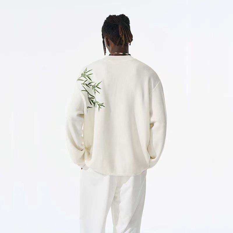 2023 wiosna jesień sweter termiczny męska wokół szyi w stylu chińskim zielony bambus haftowane wełny Casual luźny, dzianinowy sweter mężczyzn