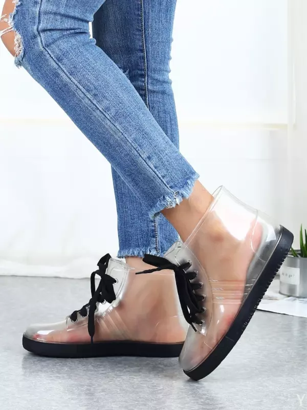 Moda transparente chuva botas femininas tiras de plástico estudante sapatos de água casuais flat antiderrapante impermeável all-match botas de água