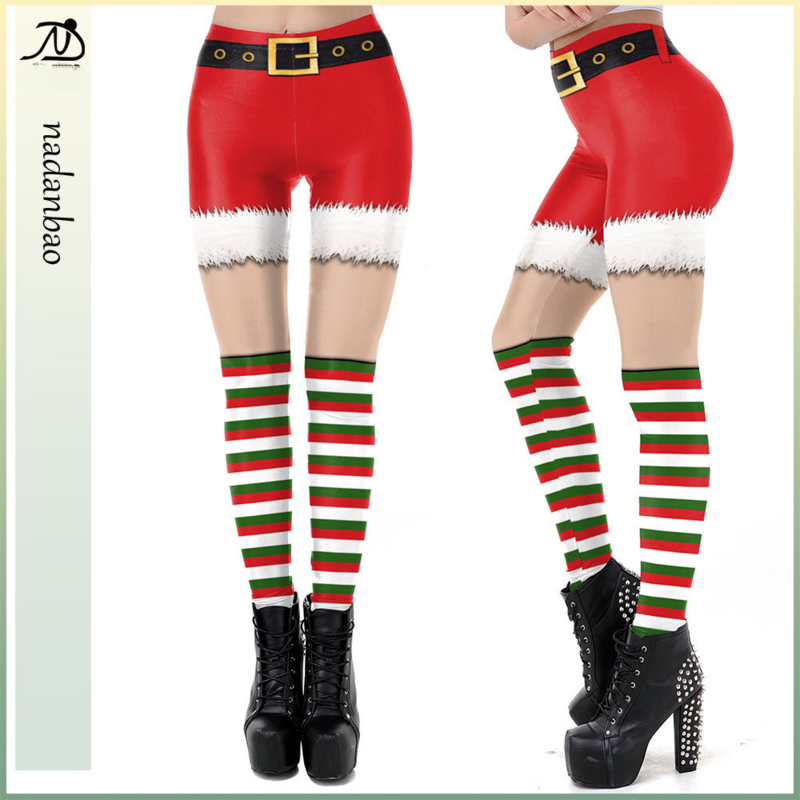 Nadanbao Stripe Printing Christmas Leggings Women Holiday Party Funny Pants Female Mid Waist Elastic Tights Trousers