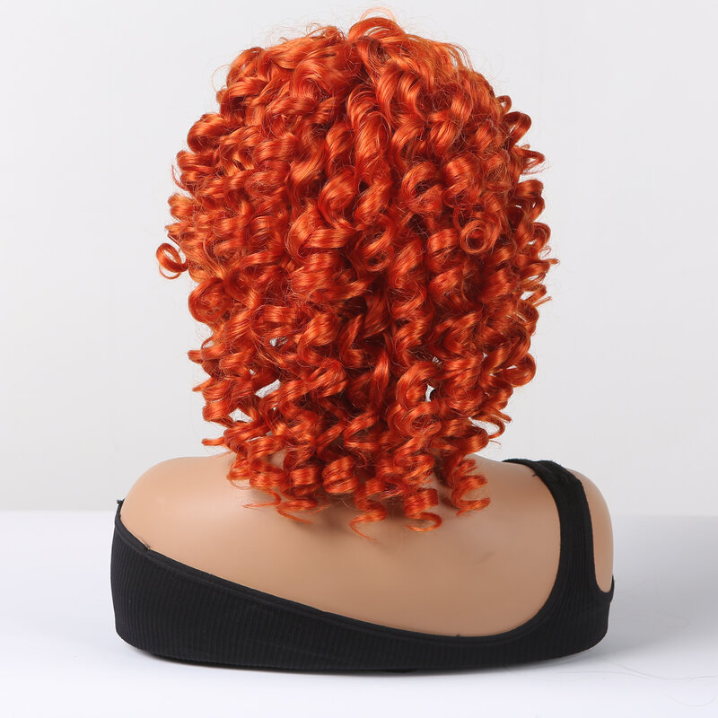 HAIRCUBE Wig rambut keriting oranye pendek untuk wanita Wig sintetis tahan panas alami dengan poni Wig rambut wanita Afro harian pesta