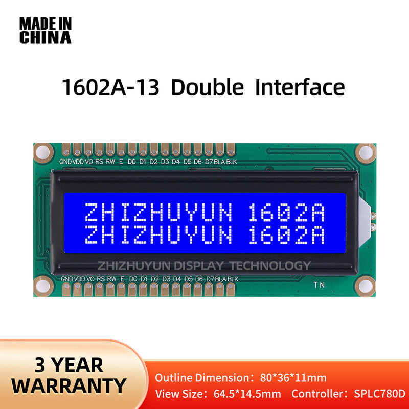 LCD16X2 문자 스크린 모듈, 블루 멤브레인 162A LCD 스크린 디스플레이 모듈, 이중 행 인터페이스 SPLC780D, 80x36mm