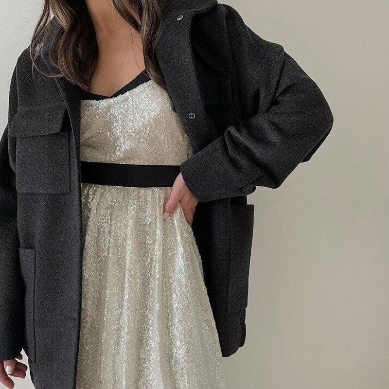 Elegante moda autunno inverno Y2K manica lunga colletto rovesciato tasca monopetto cappotto Vintage Outwear giacca di lana donna
