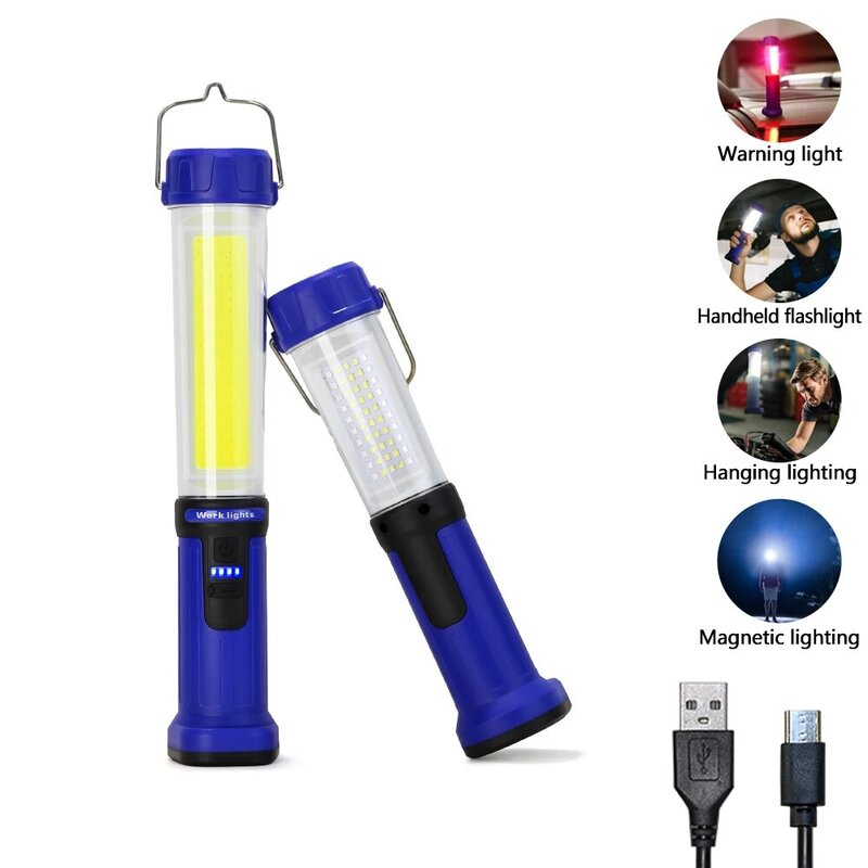 COB Magnetic Handheld Work Light, Holofote recarregável USB, Lâmpada LED para oficina SMD, Bateria embutida, Tocha de acampamento