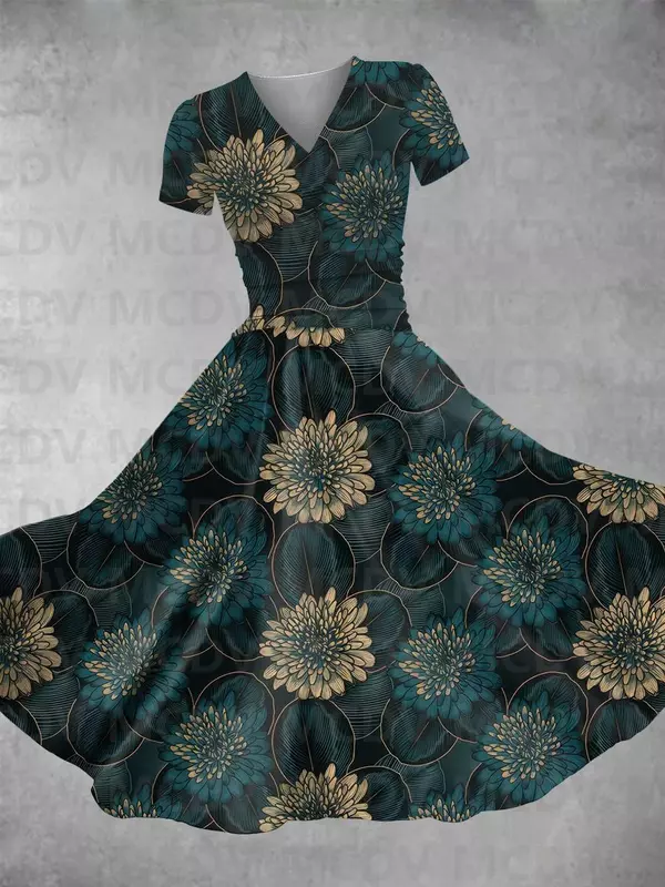 Женское винтажное платье макси с V-образным вырезом и цветочным принтом