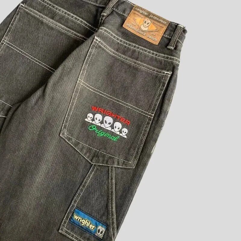 2024 Amerikaanse Retro Y 2K Jeans Paar Hiphop Geborduurd Buitenaards Patroon Losse Spijkerbroek Gewassen Wijde Pijpen Met Hoge Taille