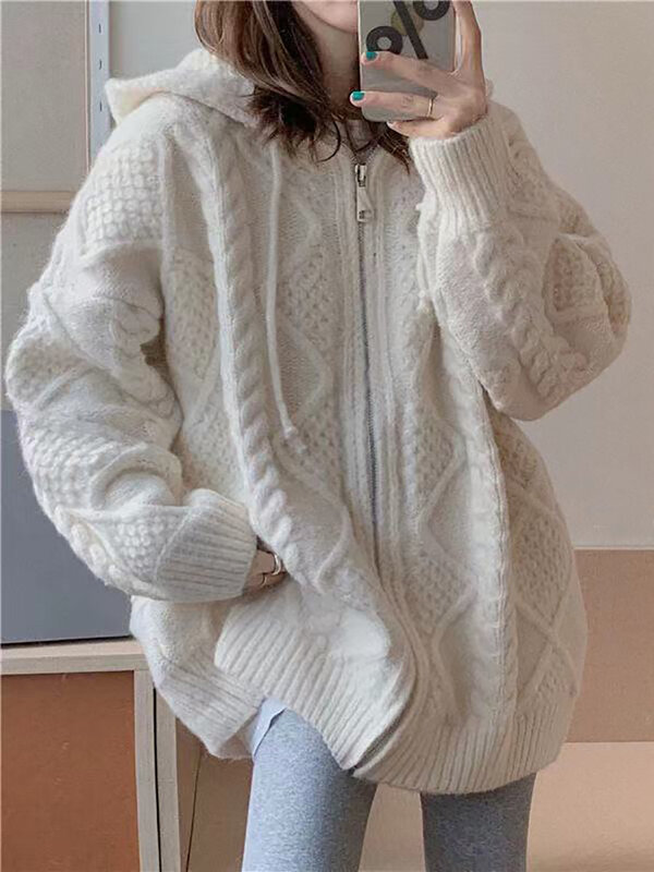 HOUZHOU-Casaco feminino coreano de malha manga comprida, suéter casual solto, casaco com zíper, blusa rosa grossa, outono, inverno, 2022