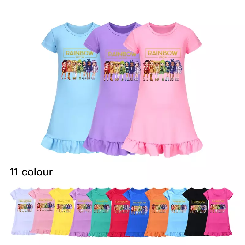 New Rainbow High Clothes Kids 2024 Summer Short Sleeve Dress Toddler Girls abiti Casual bambini Cartoon camicie da notte Sleepwear