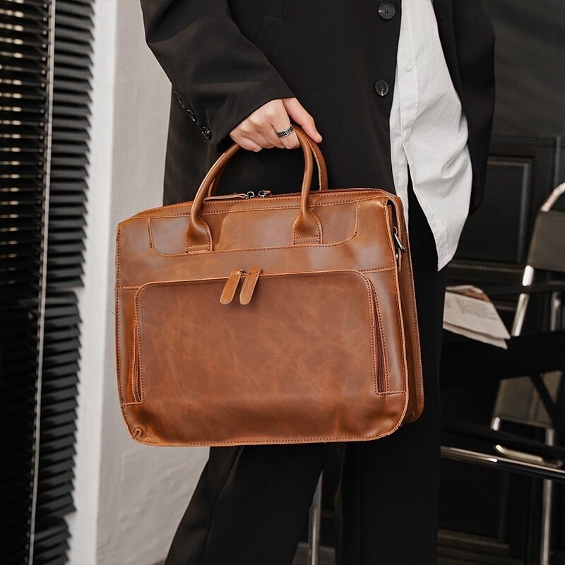 男性用PUレザーハンドバッグ,ビジネスブリーフケース,大容量ショルダーバッグ,14インチのラップトップ