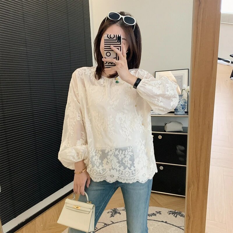 2024 Summer New Breathable Comfortable Needle Embroidery Oblique Placket Side Buttoned Shirt Women Loose Temperament Style Top