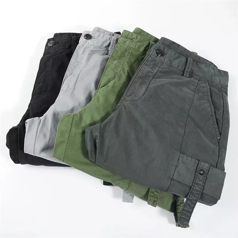 Calção estilo militar de cor sólida masculina, shorts casual com zíper, bolsos múltiplos, moda verão, nova tendência