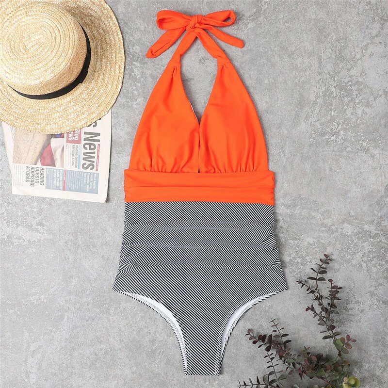 Women's Deep V-neck Swimsuit 2022 Summer Splicing Fashion Sexy Simple Backless Lace Up One-Piece Bathing Suits Bikini Beach Wear