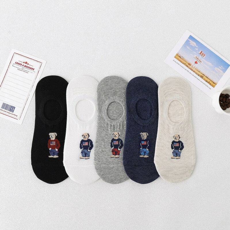 남성용 얇은 발목 양말, 로우 컷 로우 탑, 만화 사슴 무늬, 일본 실리콘 2023, 5PR 여름 신상 양말