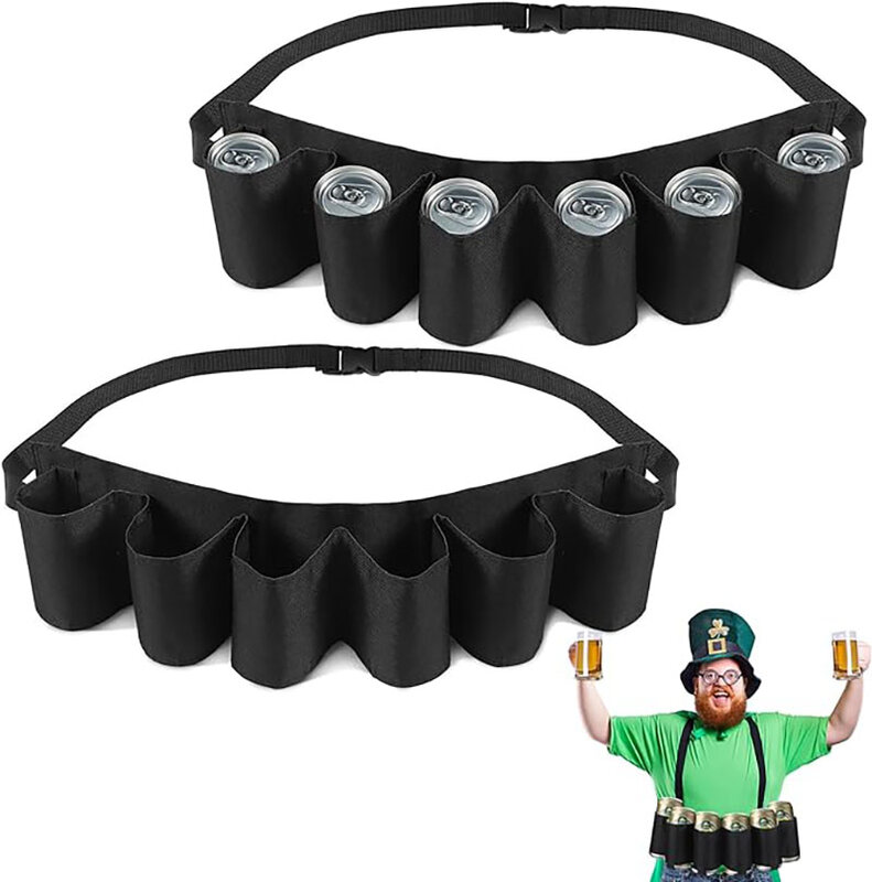 Beer Belt Holder 6 Cans Beer Can Holder Adjustable Black Beer Drinking Accessories for Christmas Camping Hiking Picnic Party