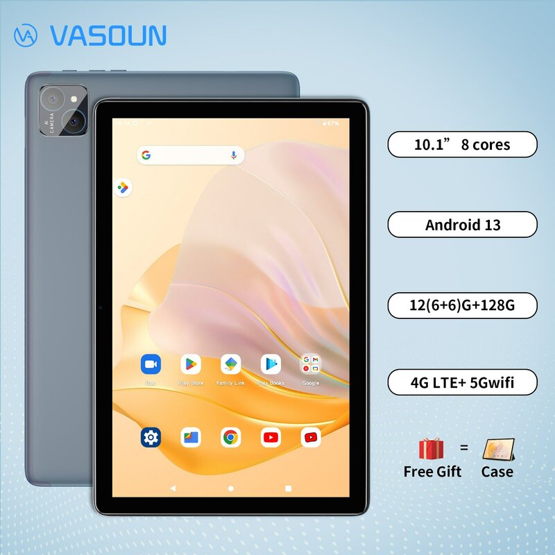 Vasoun Android 13 máy tính bảng 10.1 ", 12GB(6 + 6 mở rộng) RAM, 128GB ROM, Octa Core, Dual Sim 4G mở khóa với 2.4G/5G Wifi GPS