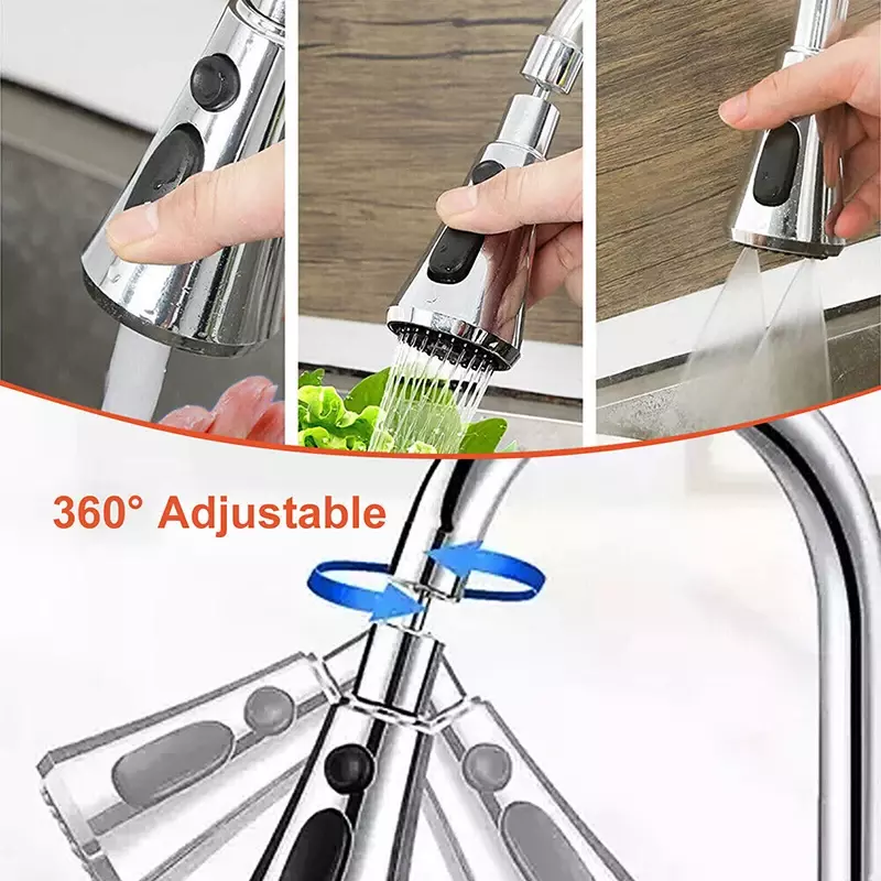 Bico de respingo para chuveiro de cozinha, torneira pia, rotação 360 °, spray multifuncional, pressurizado, ajustável, extensão de três velocidades