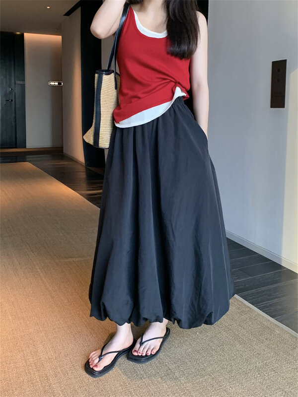 PLAMTEE White Mid-Length Skirts Women Chic Loose Sweet High Street Casual All Match Fashion 2024 Mujer Slim Office Lady Summer