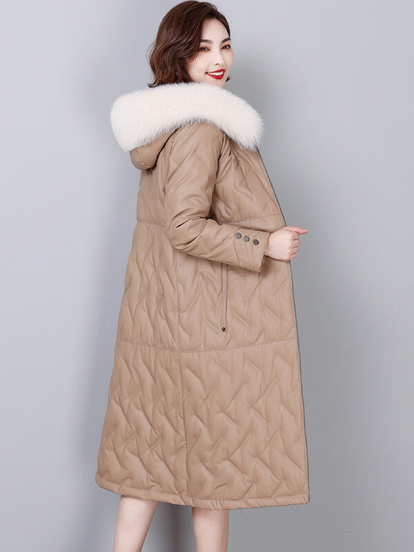 New Women Long Leather Down Coat Autumn Winter Casual Fashion Hooded Real Fox Fur Collar Thicken Loose Sheepskin Down Topcoat