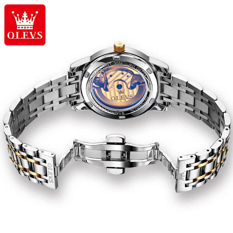 OLEVS สายนาฬิกาสแตนเลสของขวัญนาฬิกาข้อมือธุรกิจกลไก6703ส่องสว่างรอบหน้าปัด