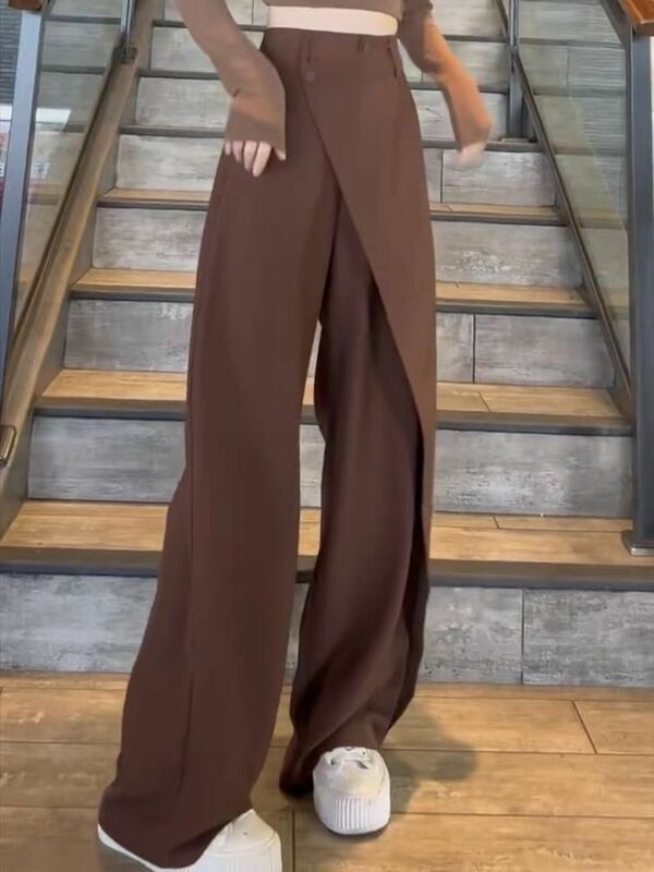Брюки женские Асимметричные в стиле пэчворк, повседневные однотонные широкие брюки полной длины, модные прямые штаны, 2023