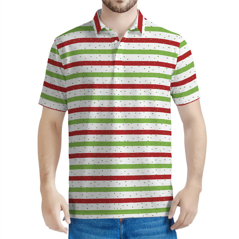 남성용 기하학 패턴 폴로 셔츠, 다채로운 줄무늬, 3D 인쇄 반팔 상의, 캐주얼 라펠 티, 단추 티셔츠, 여름 패션