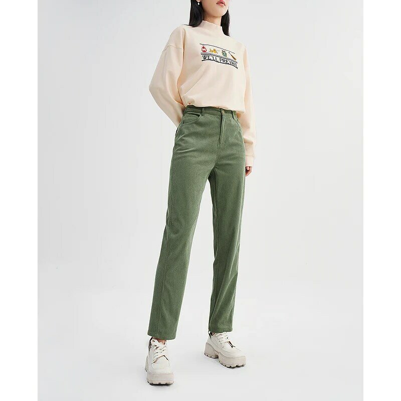 Toyouth kobiety spodnie sztruksowe 2022 zima powrót talia elastyczne proste długie spodnie beżowy zielony ciepły swobodny szyk długie spodnie