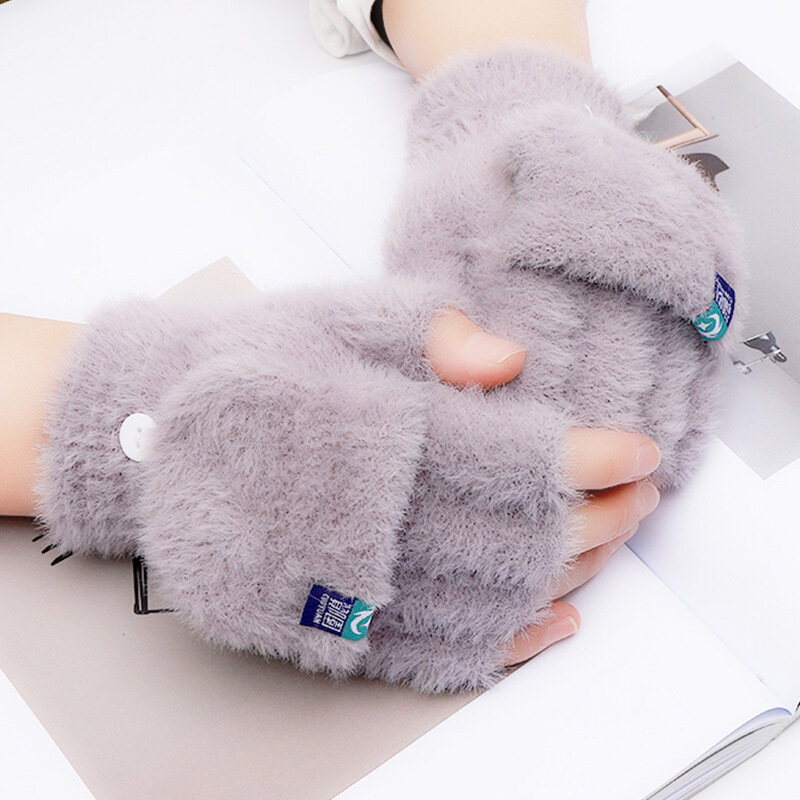 Winter Warm Women Knitted Flip-top Gloves Female Soft Fleece Half-finger Solid Color Gloves Imitation Mink Casual Ladies Gloves