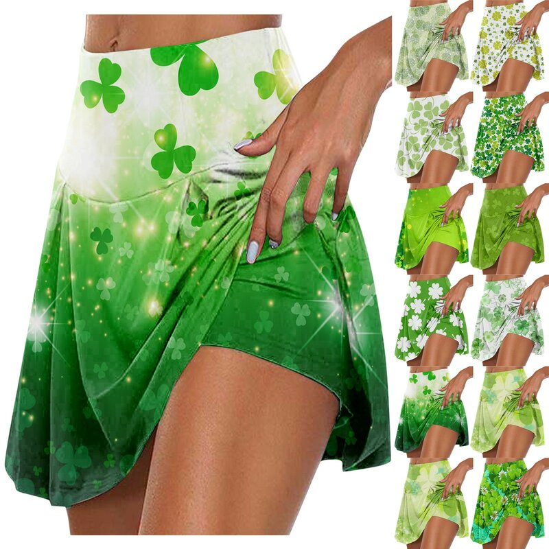 Women'S  Patrick'S Day Print Athletic Stretchy Pleated Tennis Skirts Run Yoga Inner Shorts Elastic Sports Golf Skorts 여자 한국옷