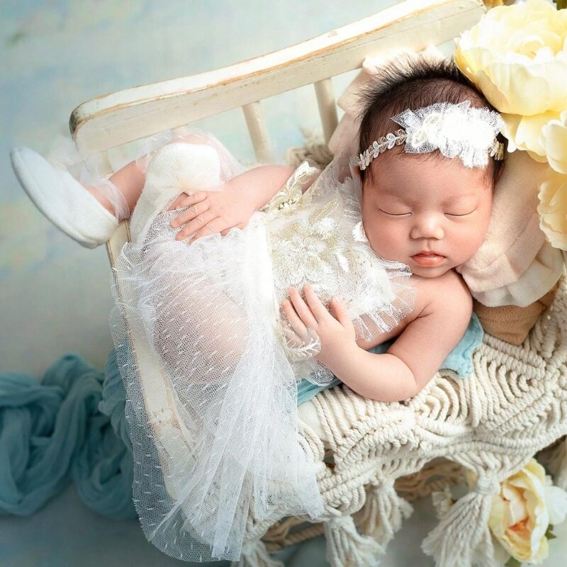 Y1ub conjunto para fotografia recém-nascidos, macacão triangular renda, bandana com sapatos bebê, roupas malha,