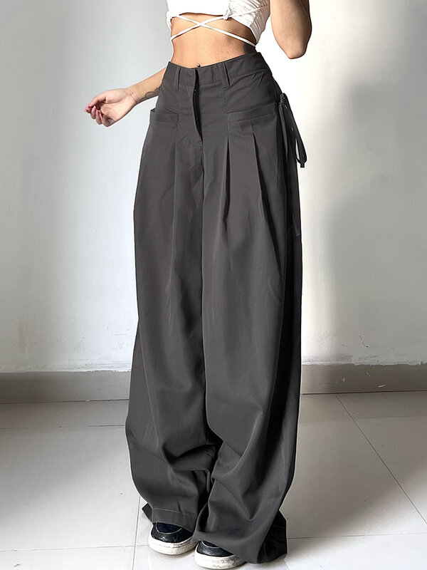 HEYounGIRL-Pantalones informales de pierna ancha para mujer, pantalón holgado básico de cintura alta, estilo coreano, Retro, gris, para oficina