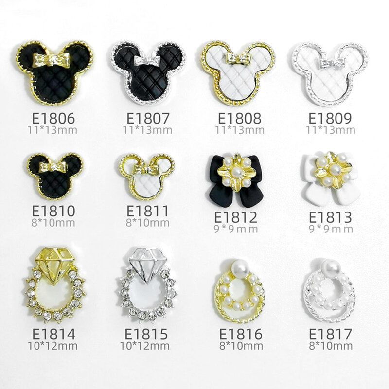 10 piezas de accesorios de uñas en aleación 3D con diseño de cabeza de ratón en negro y blanco, lindos y originales, con anillo de diamantes y lazo, joyería en oro/plata.