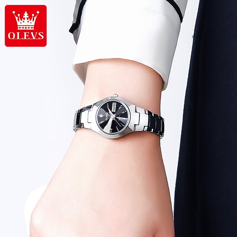 OLEVS-relojes de cuarzo para mujer, pulsera de acero de tungsteno, resistente al agua, con fecha de semana, manecillas luminosas