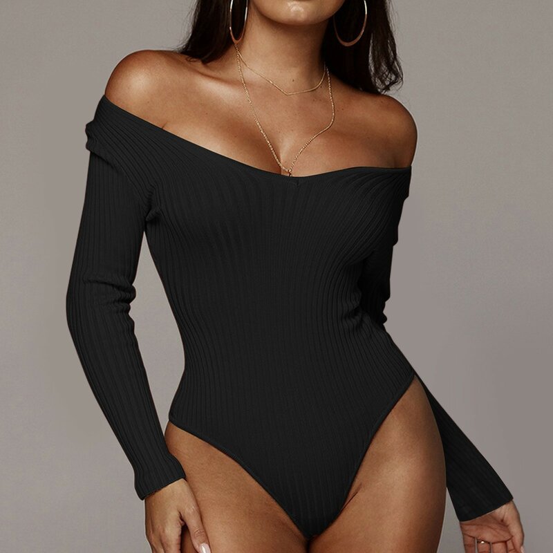 Off Shoulder Sexy Bodysuit Women Ribbed Long Sleeve Bodycon Vintage Mall Goth Solid Black Stylish Body Top Tide Elegant Clothes