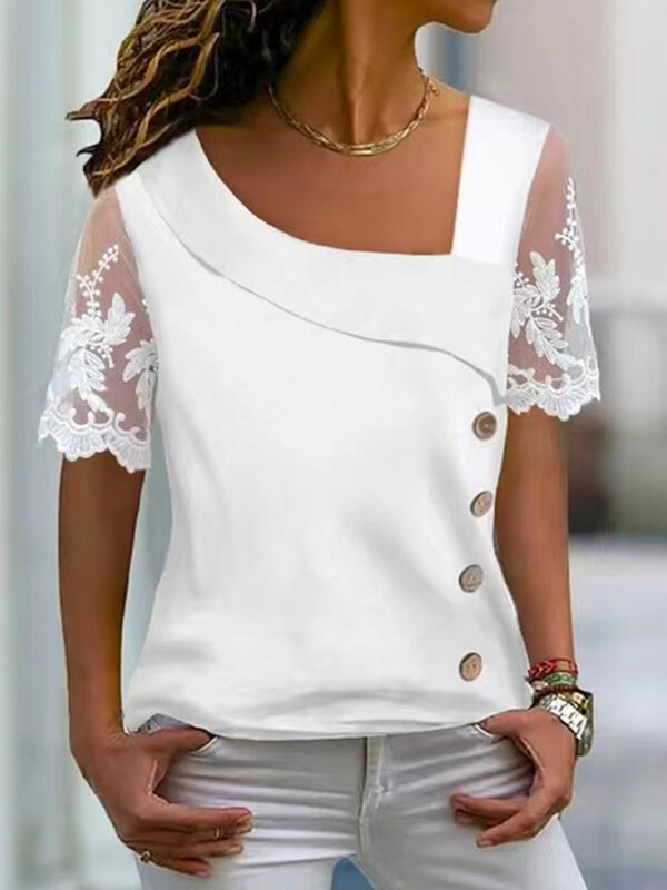 Mode weiße Spitze Kurzarm Tops und Blusen Frauen Sommer lässig Blumen druck Knöpfe Büro Bluse Top Femme Shirt