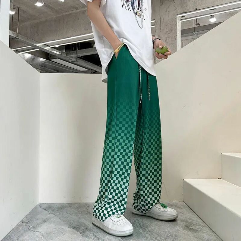 Spodnie w kratę mężczyźni wiosna lato szerokie nogawki Gradient Streetwear Harajuku główna ulica projekt odzież klubowa luźny, typu Oversize