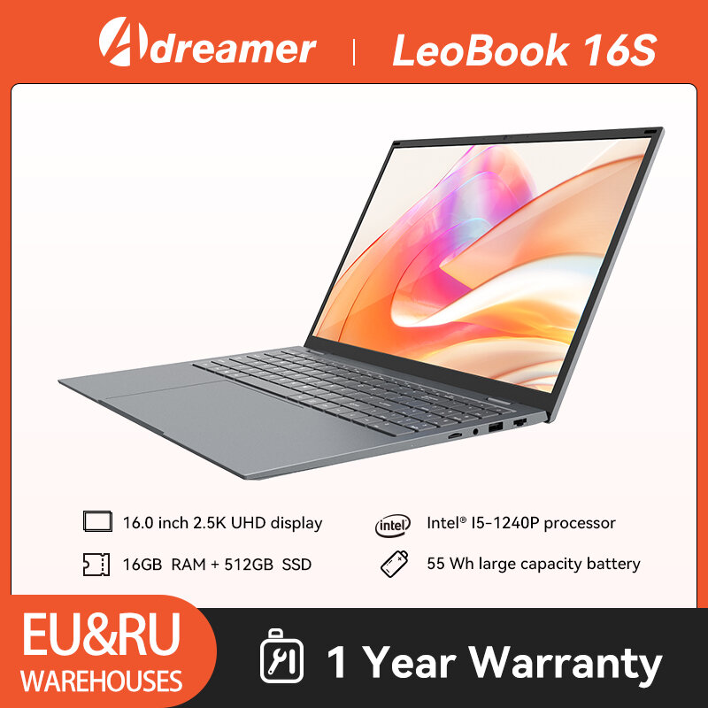 Ноутбук Adreamer LeoBook 16S, 16 дюймов, 2,5 K IPS UHD ноутбук Intel i5-1240P 16 Гб DDR4 512 ГБ SSD 55Wh Windows 11 компьютер офисный ПК