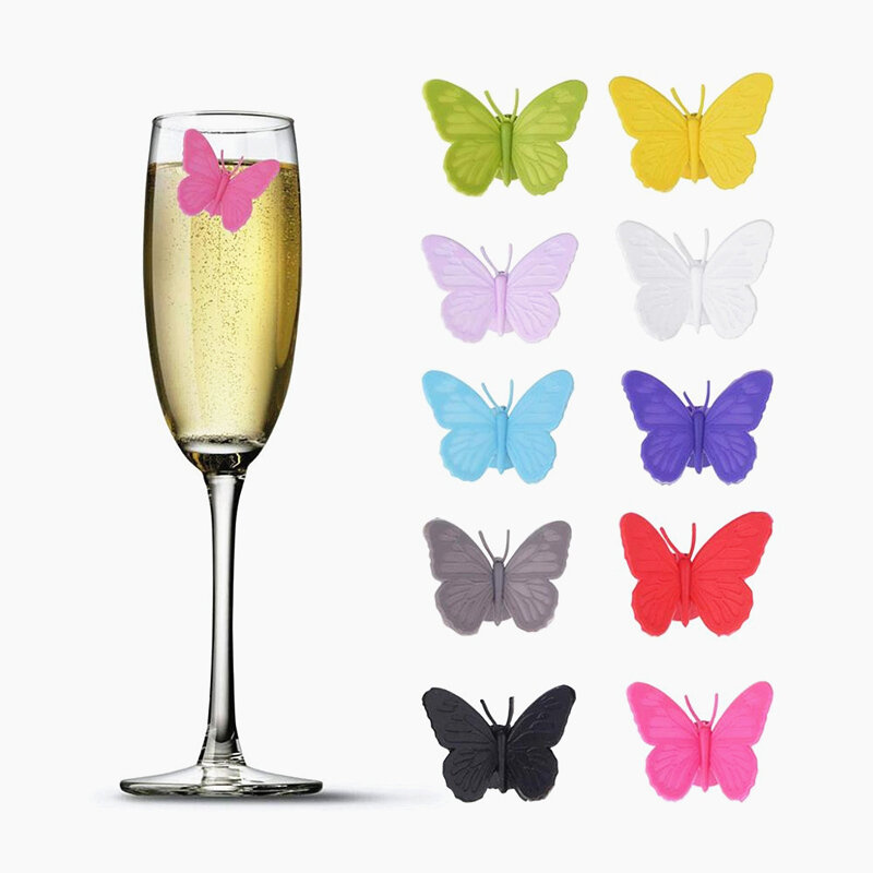 Marqueur de verre à vin en silicone, créatif, papillon, clics, breloques, identifiant de tasse à boire, marque de signe, qualité alimentaire, fournitures de fête, 6 pièces, 12 pièces