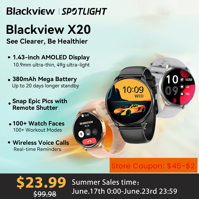 Blackview 2024 nuovo Smartwatch X20 Watch AMOLED Display hi-fi Bluetooth telefonate monitoraggio della salute e del Fitness per ISO Android