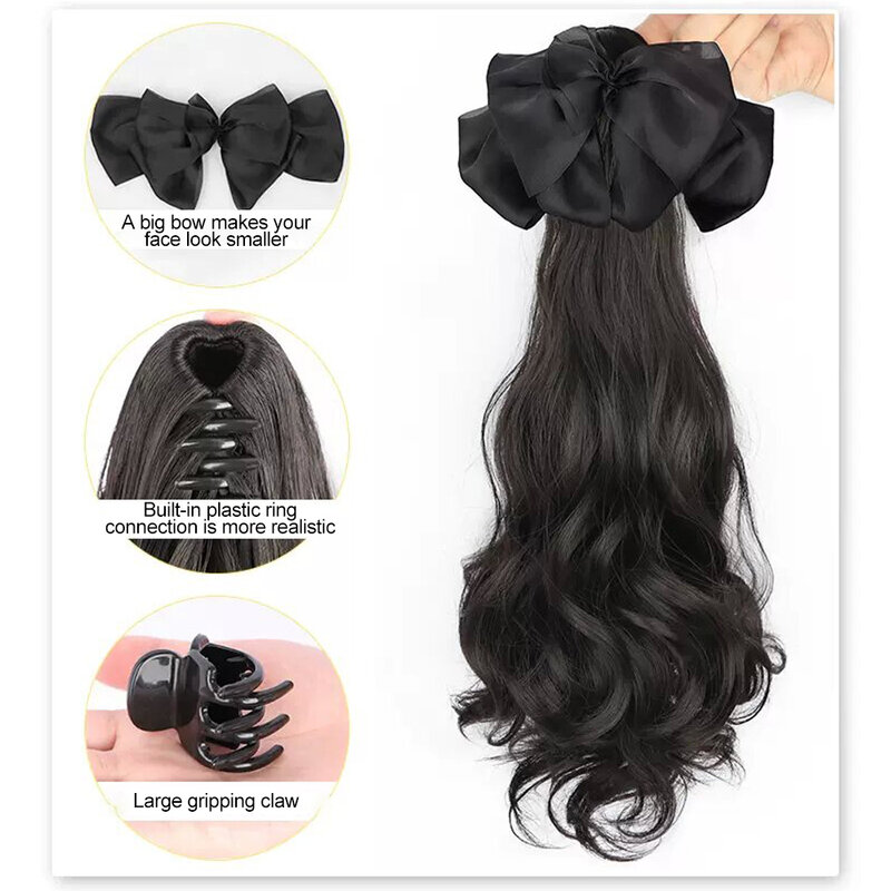 ALXNAN HAIR Synthetic Long Curly Hair Claw Ponytail Wig Bow TieCurly Hair False Ponytail Fluffy Hair